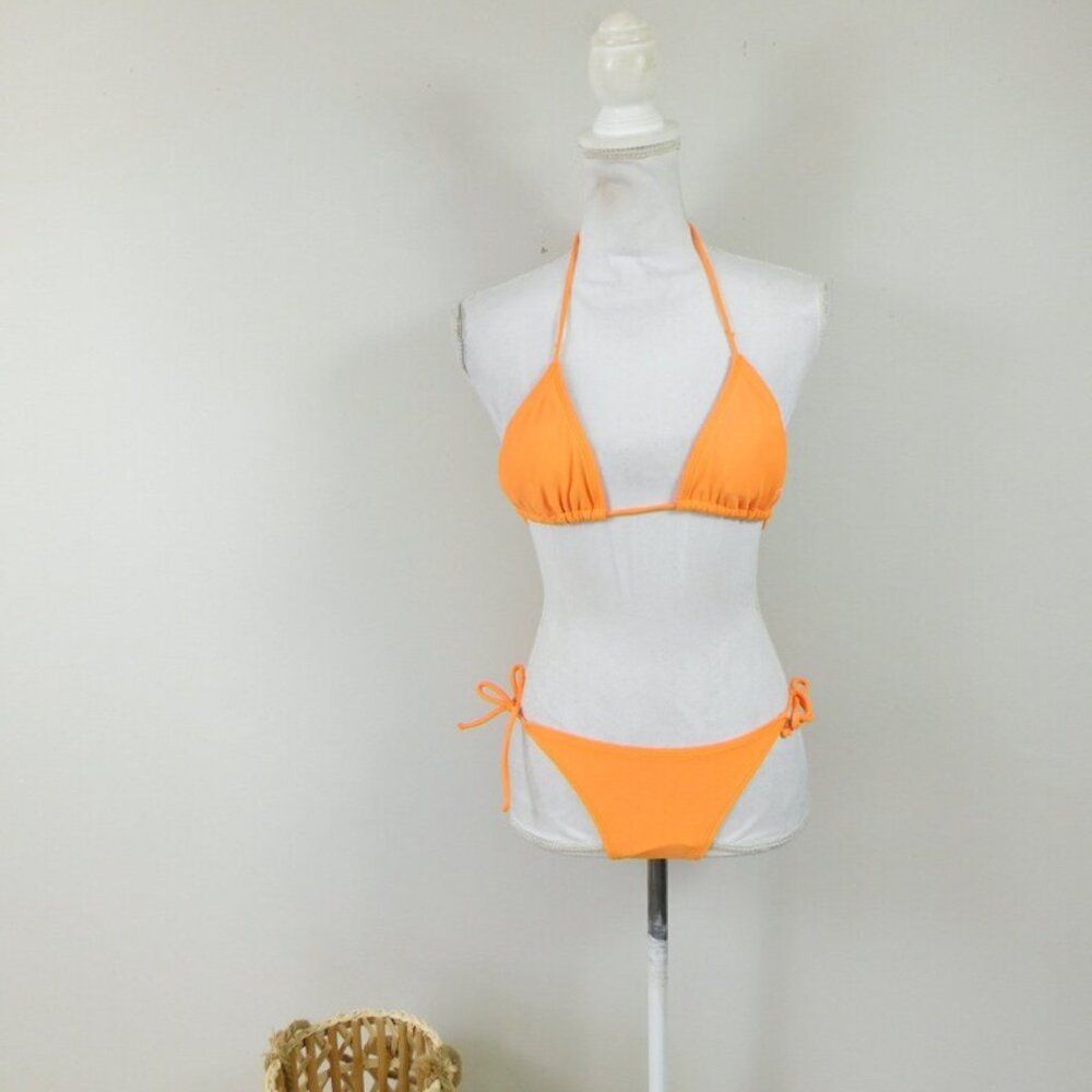 Vintage 90s Op Bright Orange Bikini 2 pc Set Halter Bikini Solid String Triangle